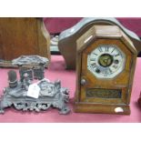 A Circa 1900 American Shelf Clock, painted dial, Roman numerals, height 23cm, and a cast metal