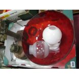 A XIX Century Oil Lamp, XIX Century red glass shade, etc:- One Box