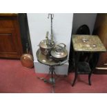 Brass Fender, XIX Century copper warming pan, kettle stand and kettles.