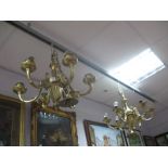 A Pair of Brass Six Branch Chandeliers, with reeded and finial decoration. (2)