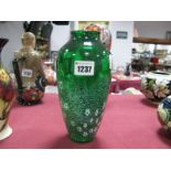 'RF0' Scandinavian Green Glass Vase, of ovoid form overlaid with white enamel flowerheads,