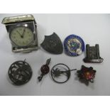 A Hallmarked Silver "Cripplegate" Souvenir Brooch, together with school badges, travel clock etc. (