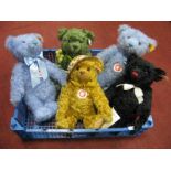 Five Modern Steiff Bears, in blue, green, golden and black including Limited Edition Sydney Bear (in