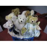 Seven Hermann Soft Bodied Teddy Bears, including Golden Bear No. 663, Baby 206, Christmas 2007,
