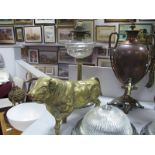 A XIX Century Circular Brass Oil Lamp, having glass well; brass bull 46cm long.