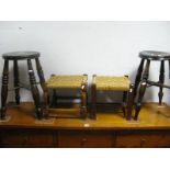 Two XIX Century Boston Stools, (one with a new top); together with two other stools with rattan