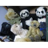Seven Teddy Bears, including Clemens Panda, black Whitney bear with growler, Canterbury bear,