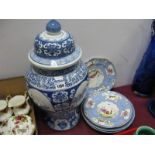 Chinese Style Blue and White Jar and Cover; together with a pair of Booth's plates in the 'Mosaic