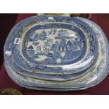 A Pair of XIX Century Blue and White Pottery Meat Plates, transfer printed with a design of boats on