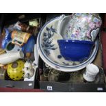 XIX Century Wash Bowls, Chinese style vase (damage), mugs, etc:- Two Boxes