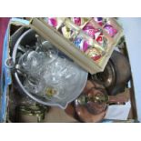 XIX Century Copper Kettle, aluminium jam pan, mantel clock, xmas baubles, etc:- One Box