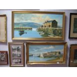 Anton, Tranquil Harbour Scenes with Distant Mountains, two oil on canvas paintings 40cm x 80.5cm and