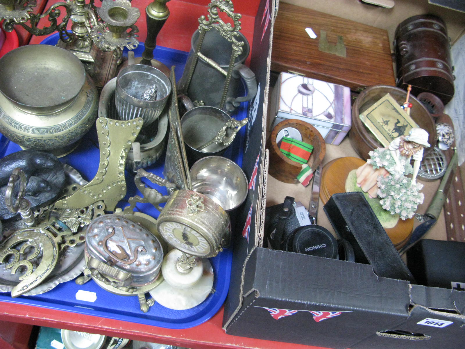 A Cast Iron Four Branch Candelabra, pewter and plated tankards, horse brasses, other metal wares (