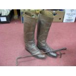 A Pair of Mid XX Century Stitched Tan Leather Riding Boots, and crop.