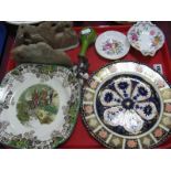 Two Chinese Soapstone Groups, Japanese cloisonné vase, R.C.D Imari plate (rubbed), etc:- One Tray