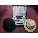 A Christies London Bowler Hat, Dunn & Co Panama Hat; together with a ladies dressing table set, with