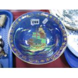 Crown Devon Lustrine Fieldings Pottery Bowl, featuring galleon on blue ground, 17.5cm diameter.