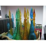 Twelve 1970'S Retro Moulded Coloured Glass Decanters and Stoppers, in green, amber, blue etc.(12)