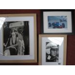 Jackie Stewart Autograph, unverified black maker signed on a coloured action print, two black and