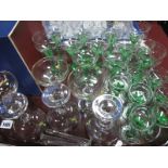 Six Babycham Glasses, a collection of matching 1950's glasses with green twist stems,