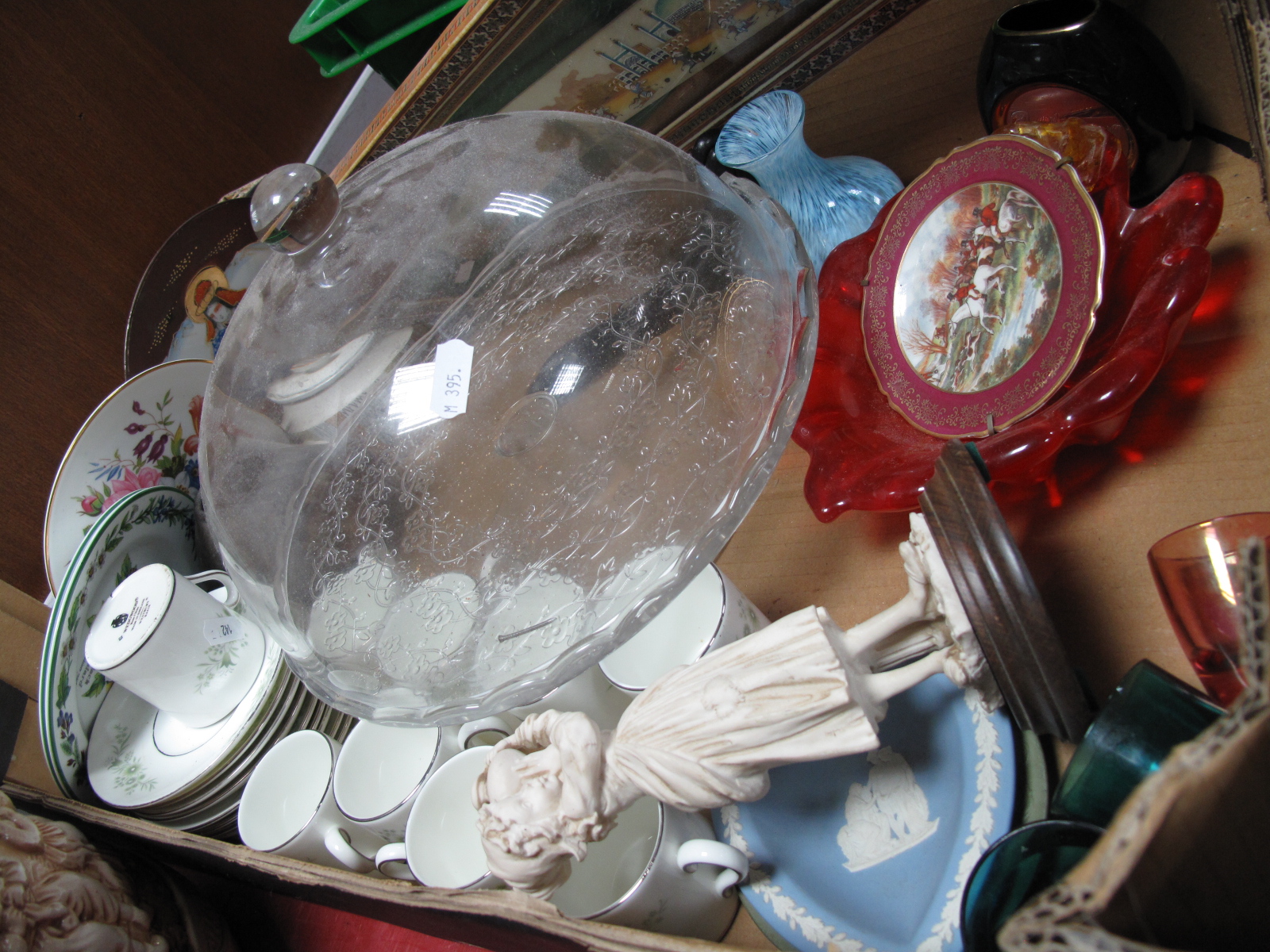 Glass Cake Stand, Wedgwood 'Westbury' coffee ware, Jasper trinket dishes, Indian plaques, etc:-