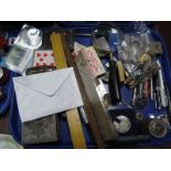 Norton Commando, badge, pens, playing cards, magnifying glass etc:- One Tray