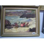 W. Cave Day, Children Playing on Beach with Deck Chairs in foreground, signed lower left 28.5 x 38.