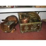 Copper Coal Bucket, warming pan, horn, planter, kettle, brass log box, plaques, ladles etc.