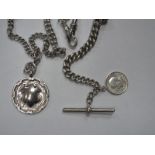 A Graduated Curb link Albert Chain, to swivel style clasp, suspending T-Bar and coin pendant,