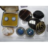 Ruskin Style Ceramic Panel Brooches, Wedgwood Jasperware, earrings, banded agate brooch, jet brooch,