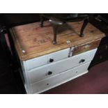 A Victorian Painted Pine Three Height Chest of Drawers, (later base and part stripped).