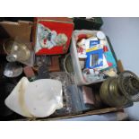 Inkwells, cotton reels, mother of pearl shells, brass oil lamp, etc:- One Box