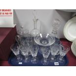 Claret Jug, XIX Century mallet decanter, Waterford bon bon dish, etc:- One Tray