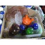 Handkerchief Vases, coloured glass storage jars, dressing table trays, Murano style exotic bird, egg
