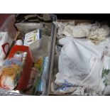 Wools, knitting accessories, linens, bag, etc: Two Boxes