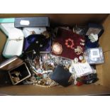 Assorted Costume Jewellery, including brooches, beads, etc:- One Box