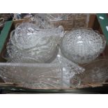 A Bulbous Cut Glass Decanter, Tazzas, pressed glass bowls, etc:- One Box