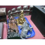 A Pair Gilt Scroll Wall Shelves, carved wooden figure, lion (damaged):- One Tray - plus graduated