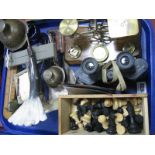 Brass Post Office Scales, chess set, Kershaw binoculars, etc:- One Tray