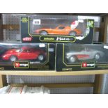 Three Boxed 1:18th Scale Diecast Model Sports Cars, Anson #30302-W Lamborghini Muira , Burago '