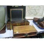 A Victorian Walnut Slope Front Work Box, brass strap work corner protectors, escutcheon and blank