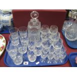 A Crystal Whisky Decanter, Stuart and other drinking glasses:- One Tray