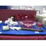 Six XIX Century Glass Wines, having Cranberry Bowls, frill dish and salt, ruby glass mug, pipe