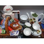 A South West Ceramics Petrol Pump Teapot, Ringtons basket teapot, tray, Midwinter coffee ware, etc.