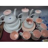 Poole Two-Tone Teaware, (pink/stone), comprising tea pot, coffee pot, hot water jug, jug, three