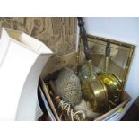 A Bamboo Effect Mirror, brass warming pans, lantern, table lamp, Egyptian themed rubbing.