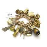 A Large Curb Link Charm Bracelet, to heart shape padlock style clasp, stamped "9ct", suspending