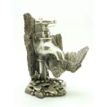 A Modern Hallmarked Silver Filled Model of a Bird Drinking from a Tap, 14.9cm high.