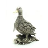 A Modern Hallmarked Silver Filled Model of a Duck, gilt beak, 13.8cm high.