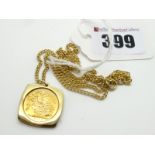 An Elizabeth II Half Sovereign, 2000, loose set within 9ct gold cushion shape pendant mount, on a